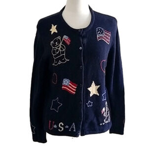 Vintage 90s Cardigan Sweater Patriotic Stars & Stripes Flag Embroidered